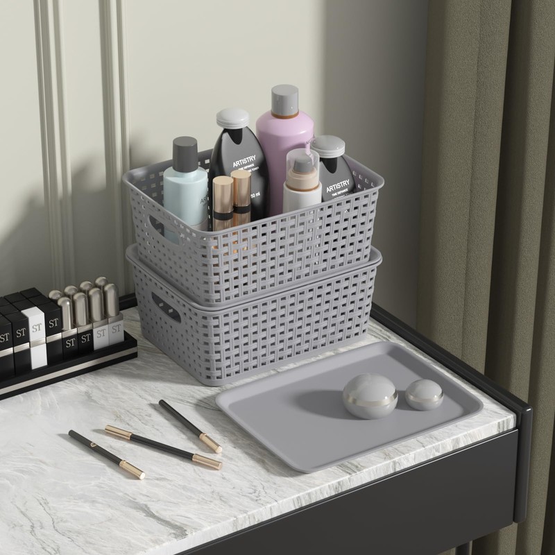 Wekioger Small Plastic Woven Basket, 6 Pack Grey Lidded Storage