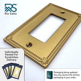 Rio Salto Sunken Pearls Gold Rocker Light Switch Wall Plate or Outlet Cover Wall Plate Decora Single Receptacle Decorative Wallplate Covers Medium Size Brushed Brass, Metal 1-Gang (2-Pack)