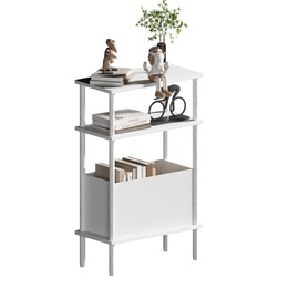 Newmics Narrow Side Table with Fabric Basket, End Table for Small Spaces, Slim Nightstand with 3-Tier Storage Shelf, Sofa Beside Table, for Living Room, Bed Room, Natrual White