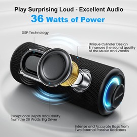 MIATONE Bluetooth Speakers 36W Portable Speaker with Stereo Sound Bass, Bluetooth 5.3 Wireless USB Type C Outdoor, 5000mAh 24H Playtime IPX7 for Present, Boy Friend Gifts for him (Black)