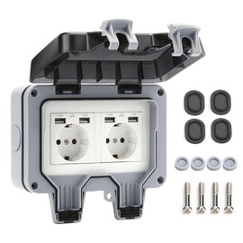 GothicBride Outdoor Socket with USB Connections, Garden Socket, Surface-Mounted, Waterproof IP66, Protective Contact with Hinged Lid