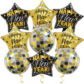 Black and Gold Happy New Year Balloons 2026, 18 Inch New Years Decorations, 2026 Balloons for New Year Eve Decorations (9 PCS Star)