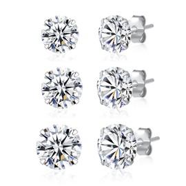 3 Pairs 925 Sterling Silver CZ Stud Earrings Set 5mm 6mm 7mm Cubic Zirconia Stud Earrings Men Women