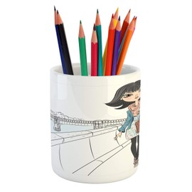 Lunarable Eiffel Tower Pencil Pen Holder, Doodle Girl in Paris with Clothes and Umbrella Seine, Ceramic Pencil Holder for Desk Office Accessory, 3.6" X 3.2", Multicolor