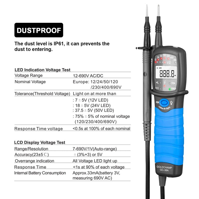 Voltage Tester, Continuity Tester, GOLDCHAMP 12V-690V AC/DC Voltage Tester, Phase