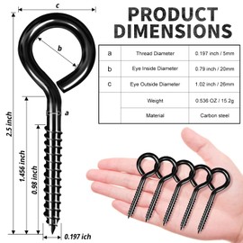 ALDMIO 2.5 Inches Screw Eye Hooks, 12 Pcs Eye Bolts Screw in Hooks Stainless Steel, Black Eye-Hooks for Hanging Indoor and Outdoor Use