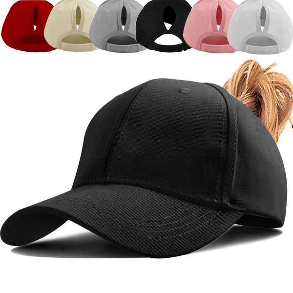 Ponytail Baseball Cap, Breathable Cotton Adjustable Lightweight Anti-Sun, Unisex Vintage Messy Cap Cross Hat, Black