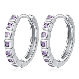 KINGWHYTE Baguette Earrings 925 Sterling Silver Birthstone Hoop Earrings Cubic Zirconia Huggie Small Earring Birthday Jewelry Gifts for Women Ladies, June