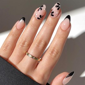 Almond Press on Nails Short Black French Tip Nails Press ons with Black White Flower Design Glue on Nails Nude Full Cover Fake Nails Glossy Acrylic False Nails Artificial Glue on Nails for Girls 24Pcs
