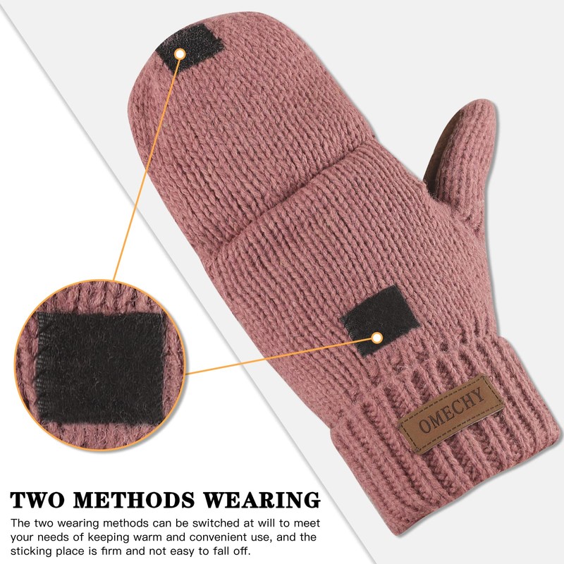 OMECHY Winter Wool Knitted Fingerless Gloves Thermal Insulation Warm Convertible