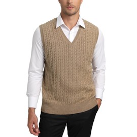 Kallspin Men’s Wool Blended Cable Knit Vest Sweater V Neck Relaxed Fit Sleeveless Pullovers (Coffee Large)