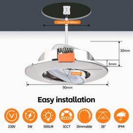 YindaLux Set of 6 LED Recessed Spotlights 230 V Dimmable 45° Swivelling LED Spotlights 5 W IP44 Ceiling Spotlights LED 68-80 mm Hole Size 3000 K / 4000 K / 6000 K Recessed Spotlights for Bathroom