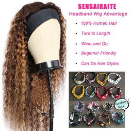 SENSAIRUITE Highlight Ombre Curly Wig Honey Blonde Headband Wig Human Hair 14 Inch Deep Wave 180% Density Glueless Headband Wigs for Black Women