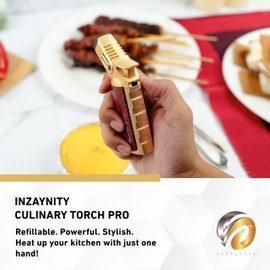inZaynity Quad Torch Lighter - Kitchen Butane Torch & Butane Lighter for Cooking, Baking, and Soldering - Adjustable Flame Control & Safety Lock Kitchen Torch (Gold Brown) - Butane NOT Included