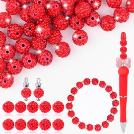 Clay Rhinestone Beads for Crafting, 10MM Red Round Shamballa Disco Ball Beads for Pens Making, Sparkle Crystal Clay Bead for Jewelry Necklace Bracelet Earring Making 50Pcs