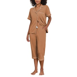 ANLIQI Women's Pajamas Sets Cotton Capri Pajamas Modal Short Sleeve & Capri Pants Button Down Pjs Soft Sleepwear Summer(BN,L) Brown