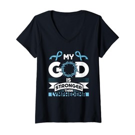Womens Lymphedema Awareness My God is Stronger Than Lymphedema V-Neck T-Shirt