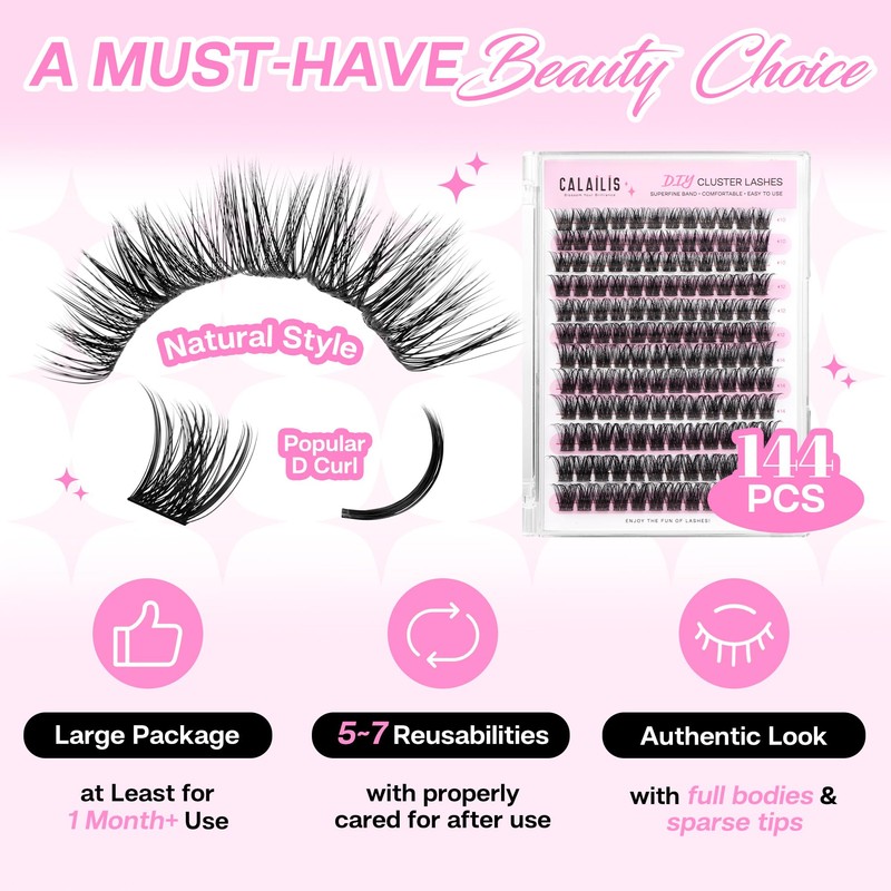 CALAILIS Lash Clusters, 144Pcs D Curl Cluster Lashes DIY Lash