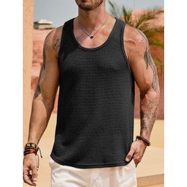 VOGSTART Men's Hollow Out Tanktop Fashion Vest Hollowout Tanktops Sleeveless Mesh See Through Knitted Basic Tops Black XXL