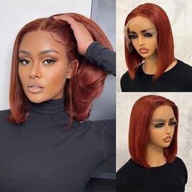 Hoscod Reddish Brown Bob Wig 13x4 HD Transparent Lace Front Wigs Human Hair Pre Plucked With Baby Hair 16 Inch Glueless Brazilian 180% Density For Black Women Red Brown Bob Lace Front Wigs