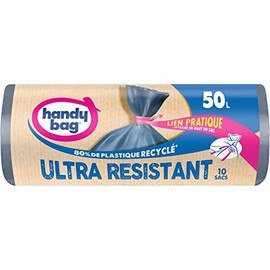 Handy bag Bin Liners, 50 L, Extra Robust, 80% Recycled Plastic, Practical Cord Closure, 3-Ply, Leak-Proof, 68 x 80 cm