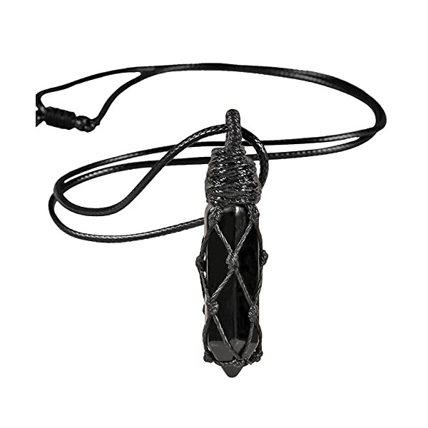 Nupuyai Obsidian Hexagonal Quartz Crystal Point Pendant Necklace for Women Men, Natural Healing Crystal Wrapped Stone Pendulum Pendant with Adjustable Rope 65cm