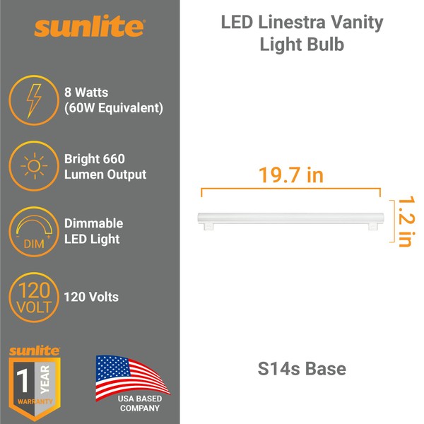 Sunlite 53150-SU LED Linestra Vanity Light Bulb LN60 Replacement Lightbulb, 19.5 Inches, 8 Watt (60W Equivalent), Dimmable, S14s Base, 660 Lumens, 1 Count, 2700K Warm White