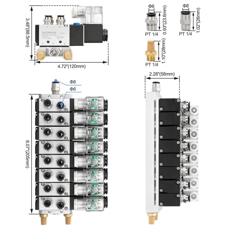 Baomain 8 Station Solenoid Valve Manifold, 24V DC 5 Way