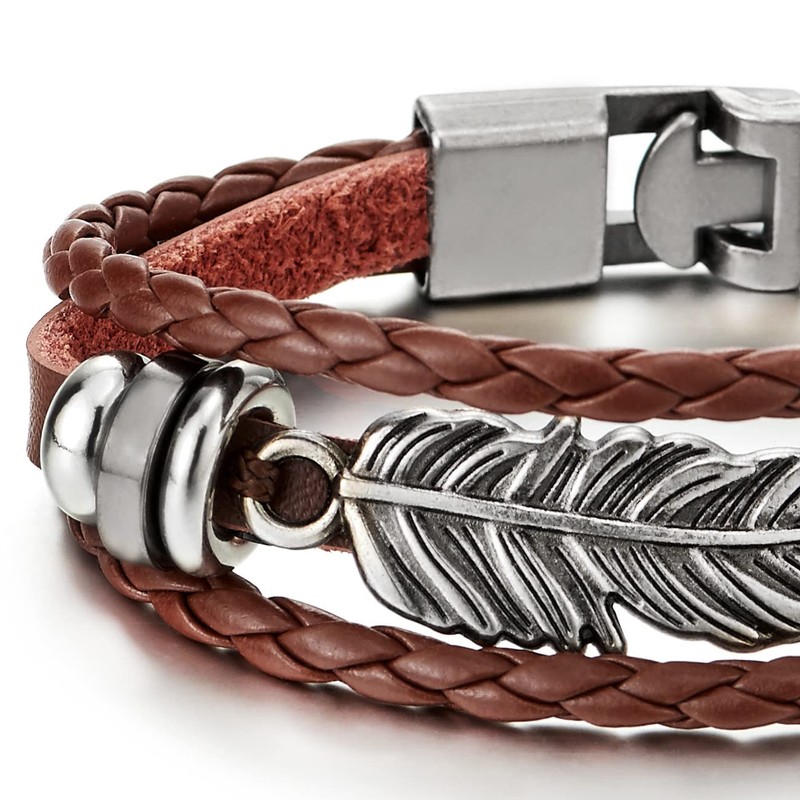 COOLSTEELANDBEYOND Vintage Feather Leaf Dark Brown Braided Leather Bracelet for