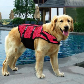 Izefia Dog Life Jacket Swimming Safety Coat Floatation Life Vest Life Saver with Handle for Small Dog Puppy Large Dog (Red Bone, S)
