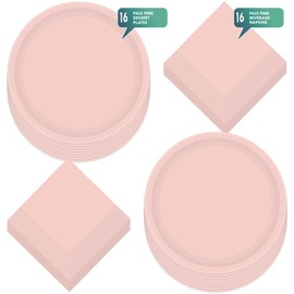 HOME & HOOPLA Solid Pale Pink Paper Dessert Plates and Beverage Napkins - Pretty Light Pink Party Supplies For Birthdays, Showers, Spring Parties, and More (Serves 16)