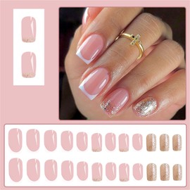 24pcs French False Nails - White Tip Square Stick on Nails with Gold Glitter - Press on Nails - Removable Glue-on Nails Fake Nails Women Girls Nail Art Accessories