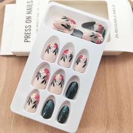 Short Press on Nails Oval Fake Nails Green Glitter Acrylic Nails Press ons Retro Floral Full Cover Glossy Glue on Nails for Women and Girls Daily Wear 24 Pcs