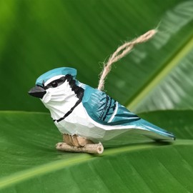 BEAULEMNA Blue Jay Bird Hand Carved Wood Bird Figurine for Hanging Decor Indoor Outdoor on Branch Tree Garden Yard Porch Home Car Desktop Window Ceil Bird Lovers Graduates Colleagues Friends Decor