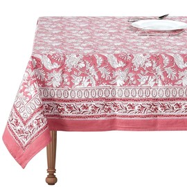 CPC Tablecloth 100% Cotton 60x90 Inch Indian Block Print Rectangle Table Cover, Washable Table Cloth for Weddings, Spring/Summer, Barbeque - Coral Pink