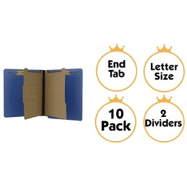 The File King Two Divider Pressboard Classification Blue File Folder - Letter Size | Box of 10 | End Tab | 2” Expansion | Six 2-Inch Fastener Prongs | Made in America