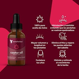 Extraherbos Aceite de Ricino Puro, orgánico 100% Natural | Prensado en Frío - Estimula el Crecimiento de Pestañas, Cejas y Barba - Tratamiento Capilar Anti Frizz y Caída - Para Cejas Pobladas y Cabello Saludable - Sin Hexano