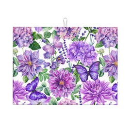 Tapete de secado de platos con diseño floral de mariposa, morado, violeta, para mostrador de cocina, microfibra, absorbente, reutilizable, lavable, extragrande, 18 x 24 pulgadas