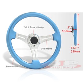 AJP Distributors Car Steering Wheel,Universal Steering Wheels,350mm 14" 6 Bolts Holes Heavy Duty Steering Wheel w/Horn Button, JDM VIP 3 Spoke Steel Chrome Polished Center w/Sky Blue Trim