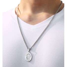 Aretas St. Saint Michael Pendant Necklace for Men Teen Boys Stainless Steel Catholic Saint Michael Medal Chain Jewelry Baptism First Communion Confirmation Gifts Teenage Him Age Silver