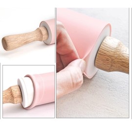 Silicone Rolling Pin for Baking With Thickness Rings Wooden Handle Non Stick Surface Dough Rollers Wooden Handle Kitchen Accessories Pastry Roller, 15inch (Pink)