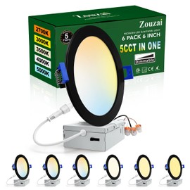 zouzai 6 Inch Black 5CCT Ultra-Thin LED Recessed Ceiling Light with Junction Box 2700K/3000K/3500K/4000K/5000K Selectable, 12W Dimmable, led can Lights ETL and Energy Star Certified【6 Pack 】