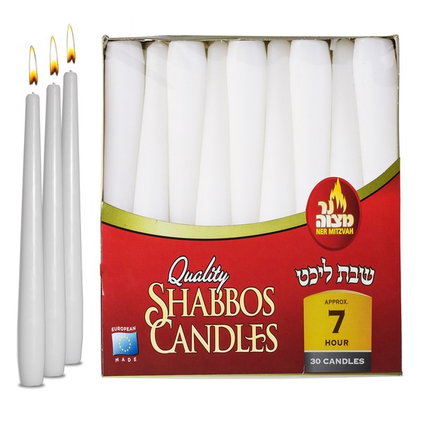 Ner Mitzvah Classic White Taper Candles – 8 Inch – 30 Bulk Pack – for Shabbat, Dinner Tables, Restaurants, Ceremonies and Emergency - 7 Hour Burn Time