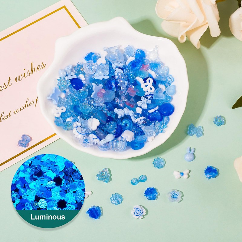 PandaHall 30g Nail Charms Luminous Flower Resin Cabochons Blue Heart