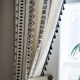 Black and Off White Curtains 96 Inch Length 2 Panels Bohemian Farmhouse Drapes for Living Room Geometric Cotton Linen Semi Sheer Window Curtain Panels with Tassel Rod Pocket Boho Curtains for Bedroom