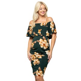 My Bump Womens Off Shoulder Maternity Dress - Ruched Ruffle Off Shoulder Baby Shower Pregnancy Dress (Made in USA)(H.Green SK2AC, Small)