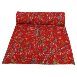 Radhykrishnafashions Indian Vintage Reversible Queen/Twin Bird Print Pure Cotton Kantha Quilt Blanket Bed Cover Sofa Cover Kantha Bedspread Bohemian Bedding (Red, Queen 90 x 108 Inches), RKV264