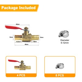 Pack of 4 12 mm 2-Way Shut-off Ball Valve with 8 Clamps, Straight Hose Nozzle, 12 mm Hose Nozzle Switch, Brass Ball Valve, Pipe Fittings 180 Degree Operating Handle, Brass Valve (12 mm)