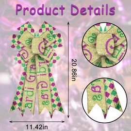 ALIBBON Large Mardi Gras Bows for Wreaths, Mardi Gras Wreath Bows, Glitter Gold Purple Green Bows, Buffalo Plaid Bows for Front Door, Mardi Gras Decorations Bows for Mardi Gras Carnival Decor