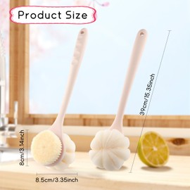 2-Pack Pink Double Sided Bath Brush with Soft Bristles and Loofah,Long Handle Back Scrubber,Exfoliating Back Shower Brush for Women and Men